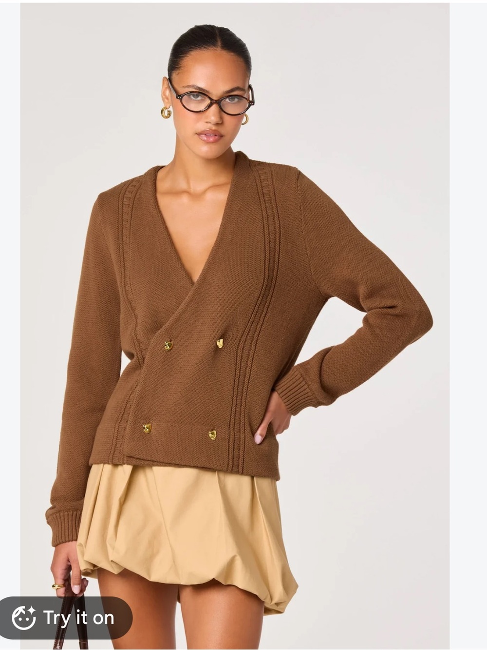 ASTR The Label Merritt Cotton Vneck Button Cardigan Brown Medium - Picture 8 of 8